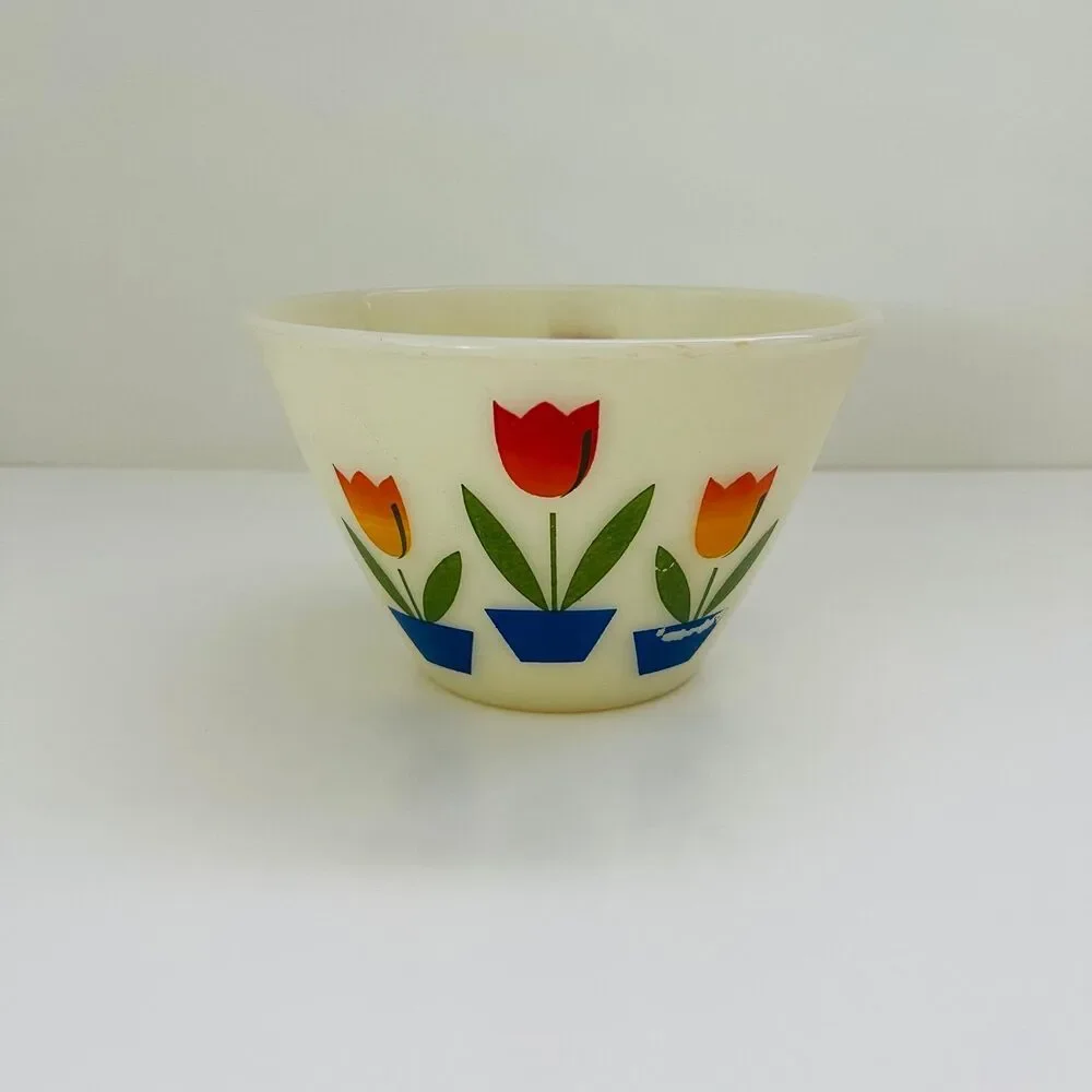 FIRE KING Milk Glass Ovenware Red, Orange, Yellow Tulips Small Mixing Bowl 1 Qt